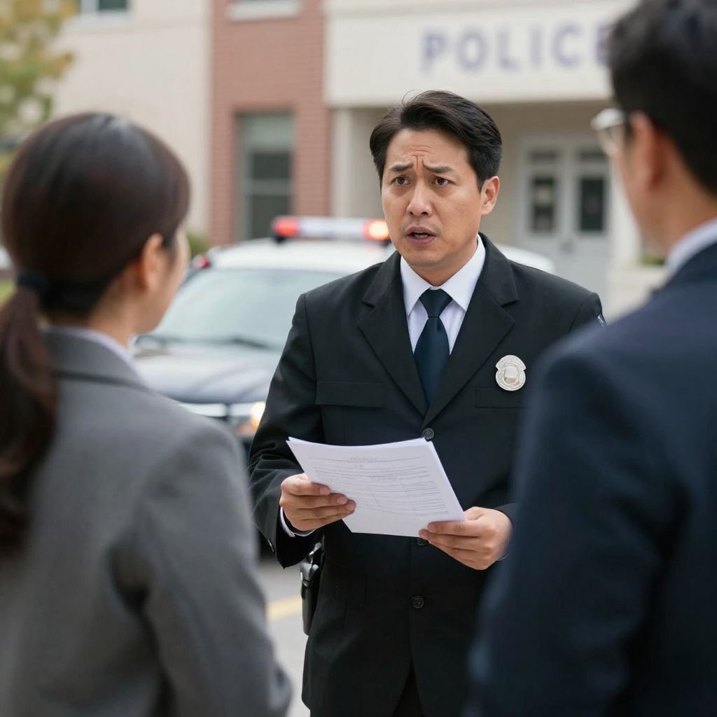 A police officer speaks to two people outside a police station, holding papers. Reckless Endangerment in Nashville, Tennessee