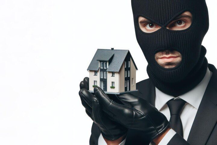 Person in black mask and gloves holding a miniature house, posing on white background. | Theft of Property in Nashville Tennessee