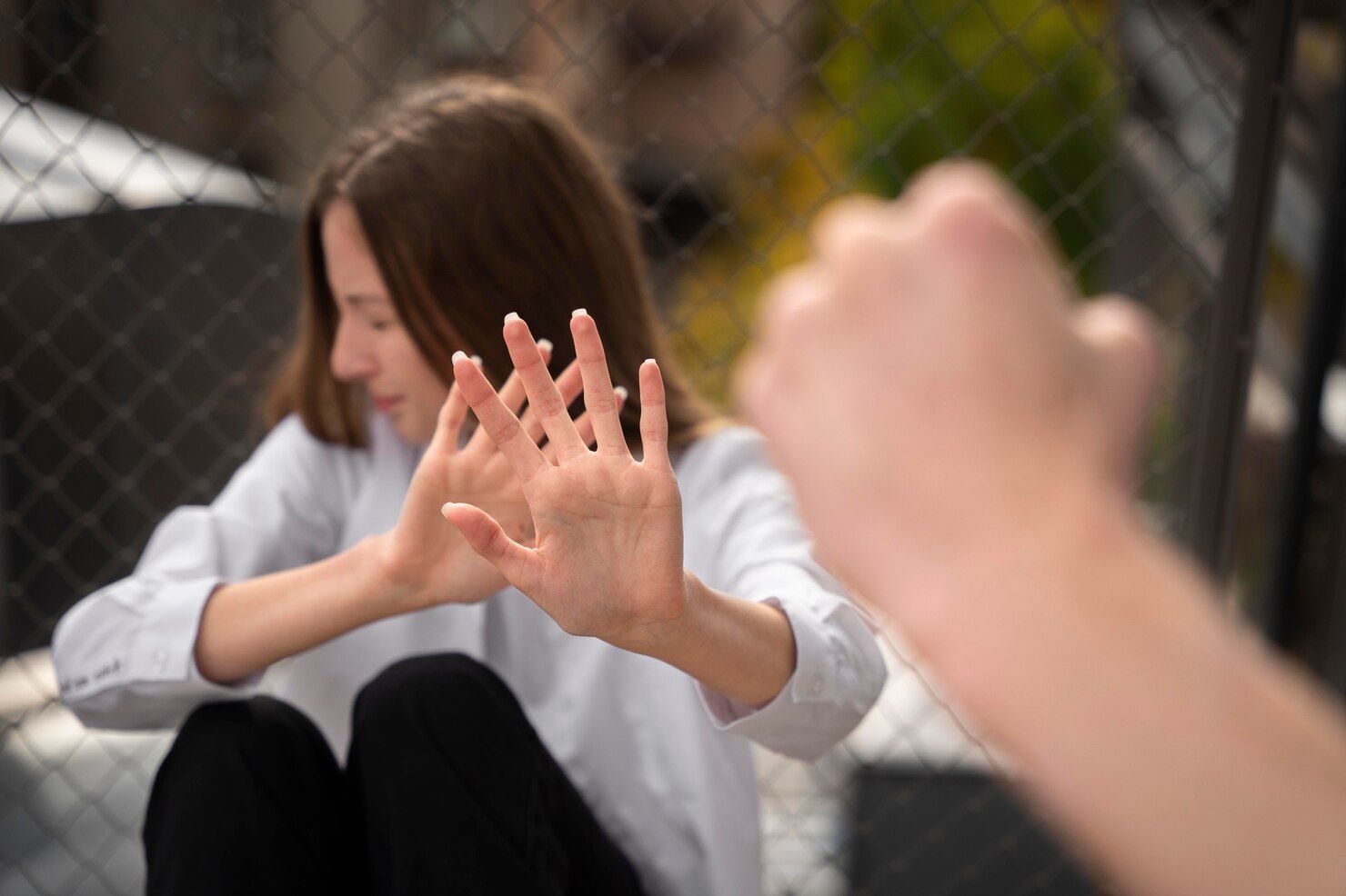 Woman putting hands up in defense with fist in foreground. Aggravated Assault in Nashville, Tennessee