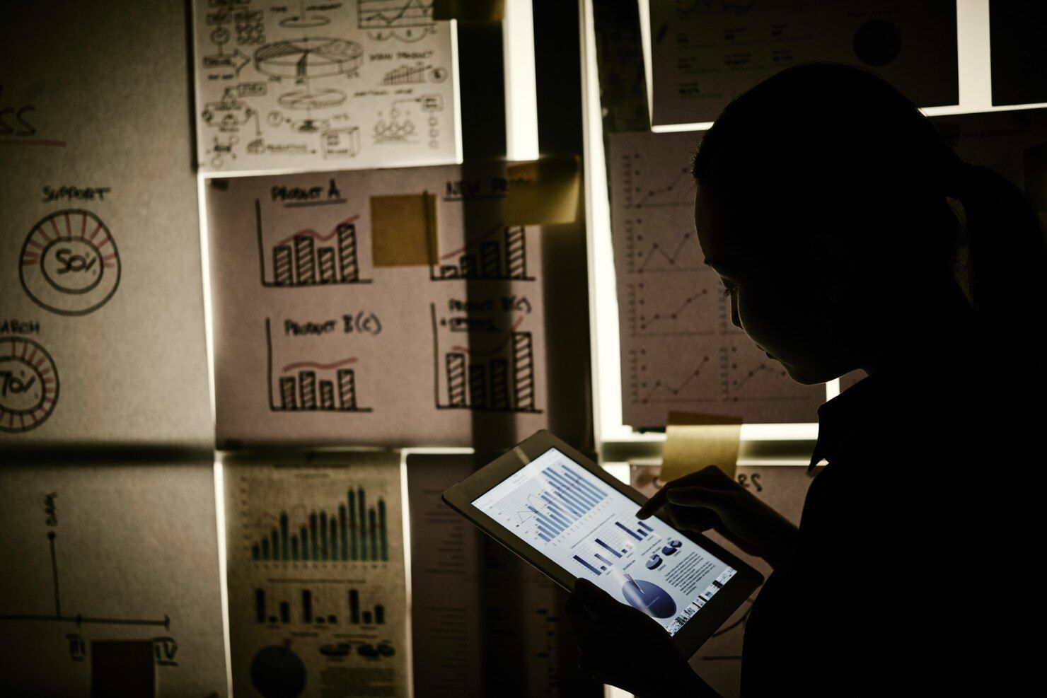 Person using a tablet, backlit by charts and diagrams pinned to a wall. Criminal Simulation in Nashville, Tennessee
