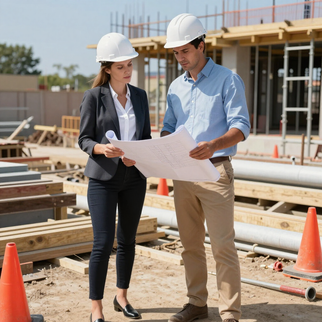 Dos profesionales con cascos de seguridad revisan un plano en una obra en construcción