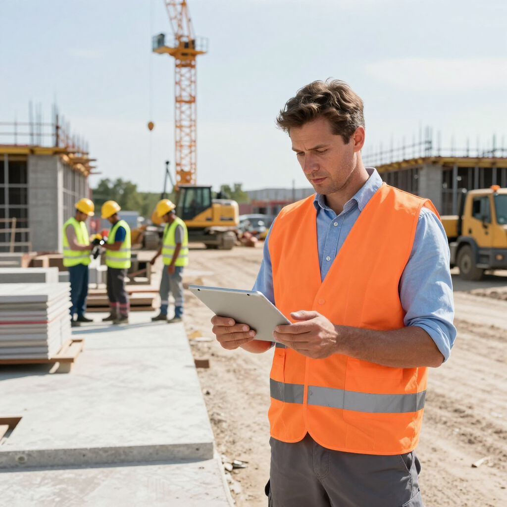 Un supervisor con un chaleco de seguridad naranja revisa una tableta digital en una obra de construcción