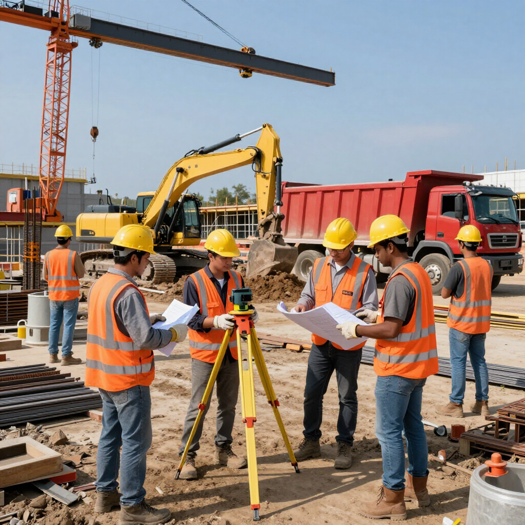Obreros de la construcción con cascos y chalecos de seguridad revisan planos en un sitio de topografía