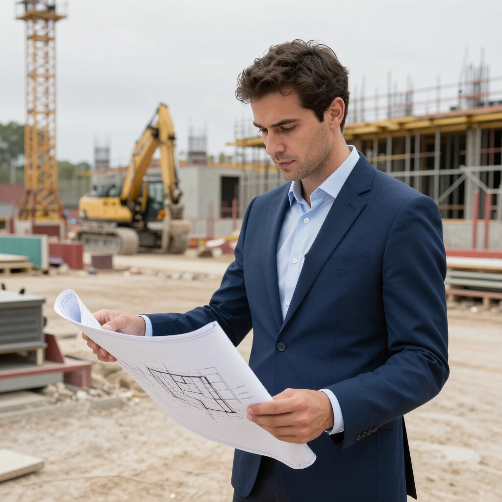 Una persona vestida de traje revisa los planos de un edificio en una obra en construcción, con maquinaria pesada al fondo.