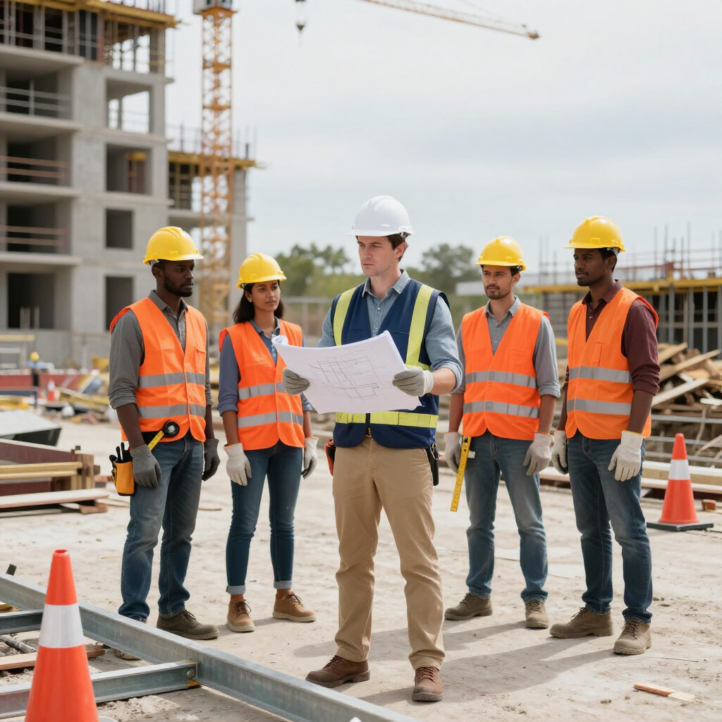 Un equipo de obreros de la construcción, con cascos y chalecos reflectantes, se encuentra en una obra
