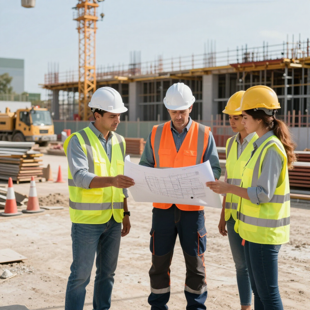 Cuatro obreros de la construcción, equipados con trajes de seguridad, revisan juntos los planos en una obra en construcción.