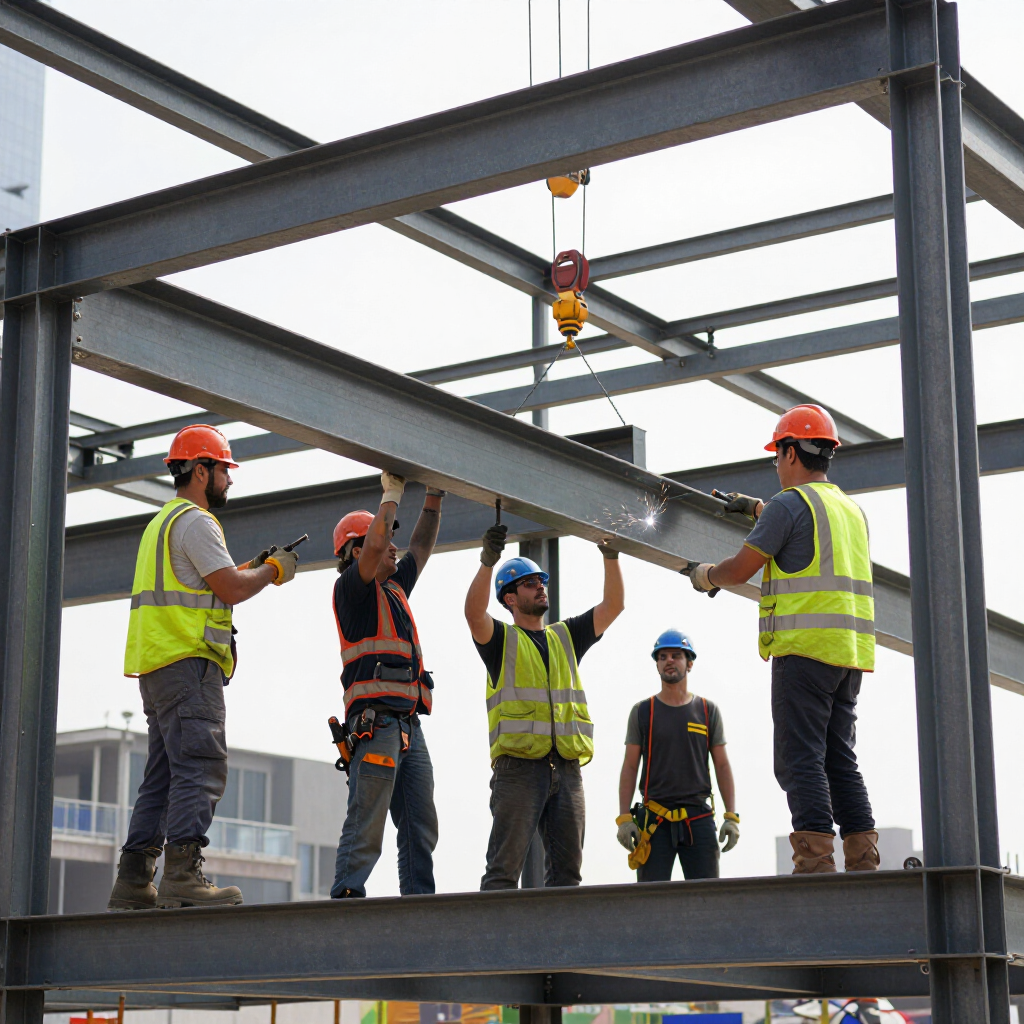 Obreros de la construcción, equipados con cascos y chalecos reflectantes, trabajan juntos para colocar una viga de acero