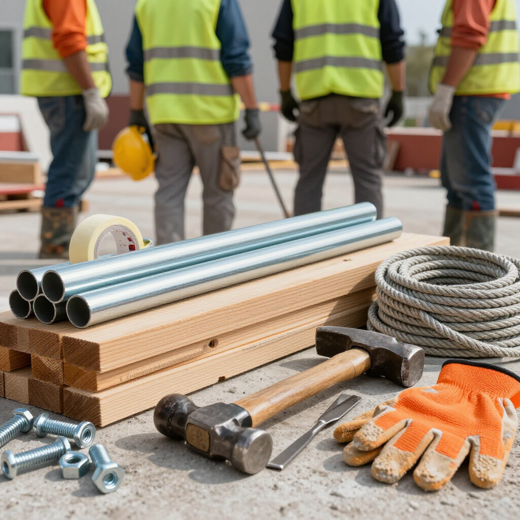Unos obreros de la construcción se encuentran en una obra cerca de materiales de construcción dispersos