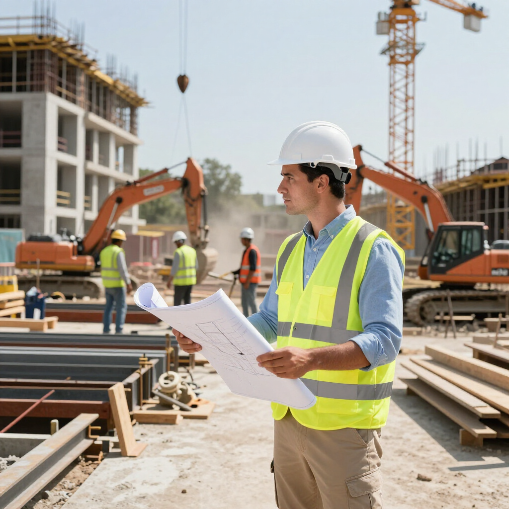 Un profesional de la construcción, con casco y chaleco de seguridad, sostiene planos arquitectónicos