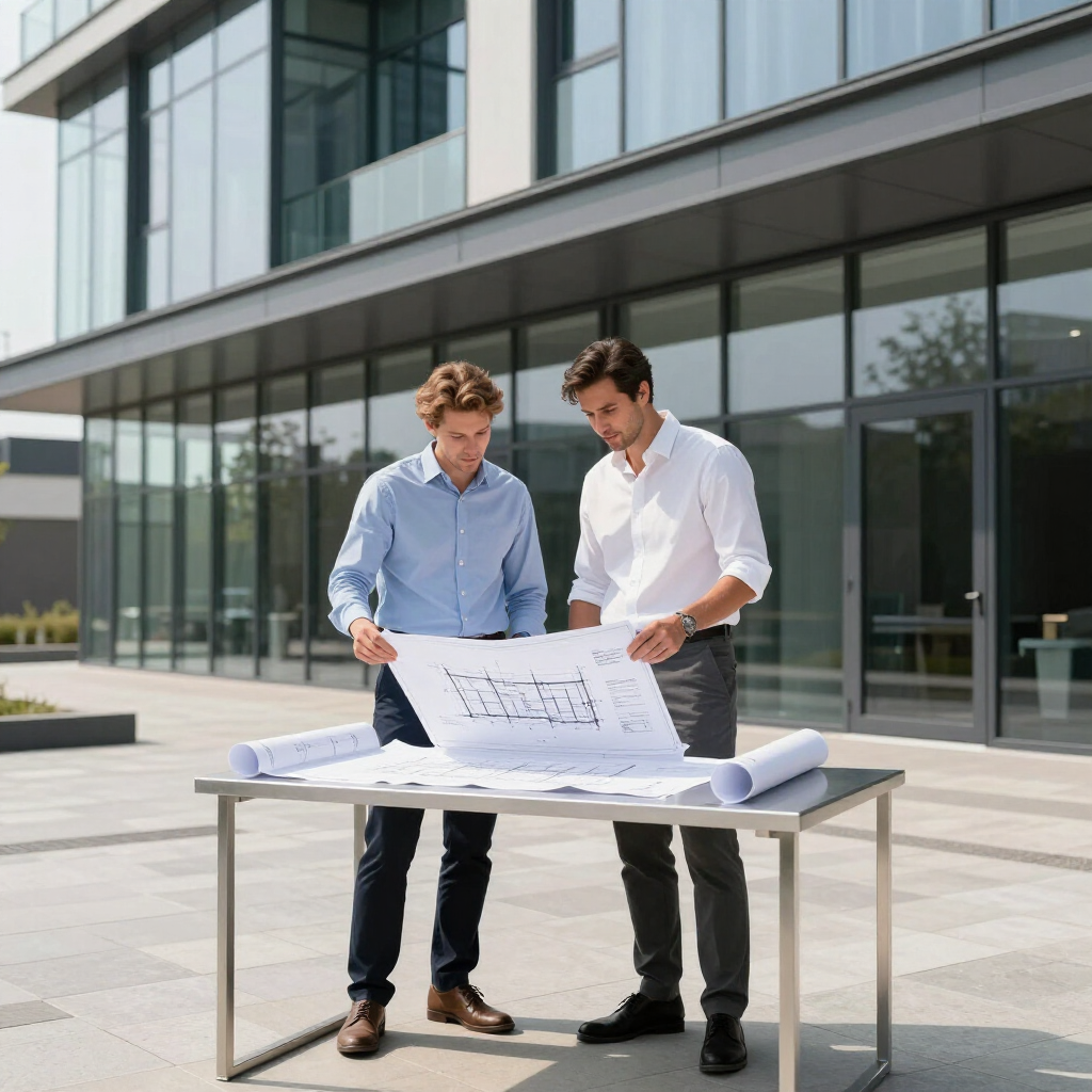 Dos hombres vestidos con ropa informal de negocios examinan grandes planos arquitectónicos