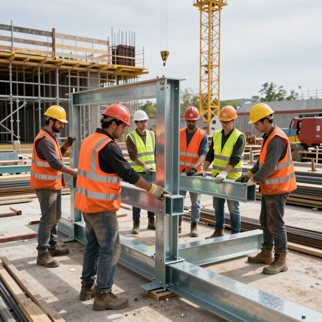 Seis trabajadores con chalecos reflectantes y cascos instalan una gran estructura metálica