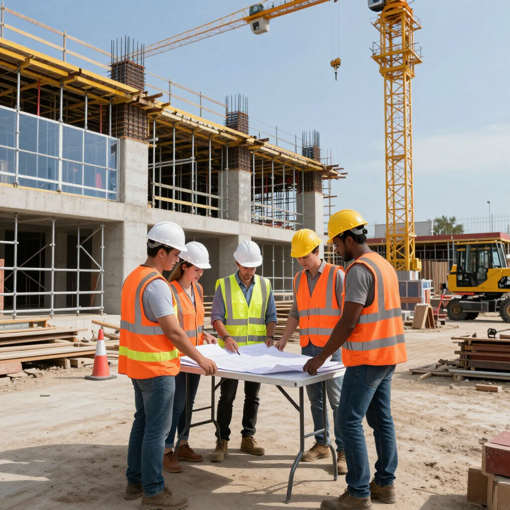 Cinco obreros de la construcción, con cascos y chalecos de seguridad, consultan planos sobre una mesa