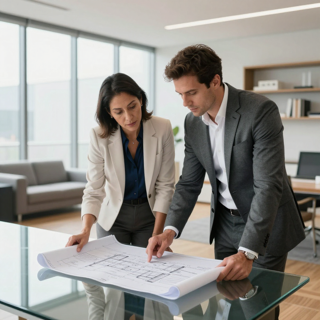 Dos profesionales vestidos de traje se inclinan sobre una mesa revisando planos arquitectónicos