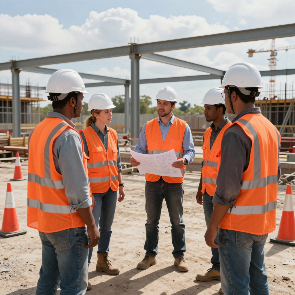 Cinco obreros de la construcción, con cascos y chalecos reflectantes, están de pie en una obra, revisando juntos los planos.