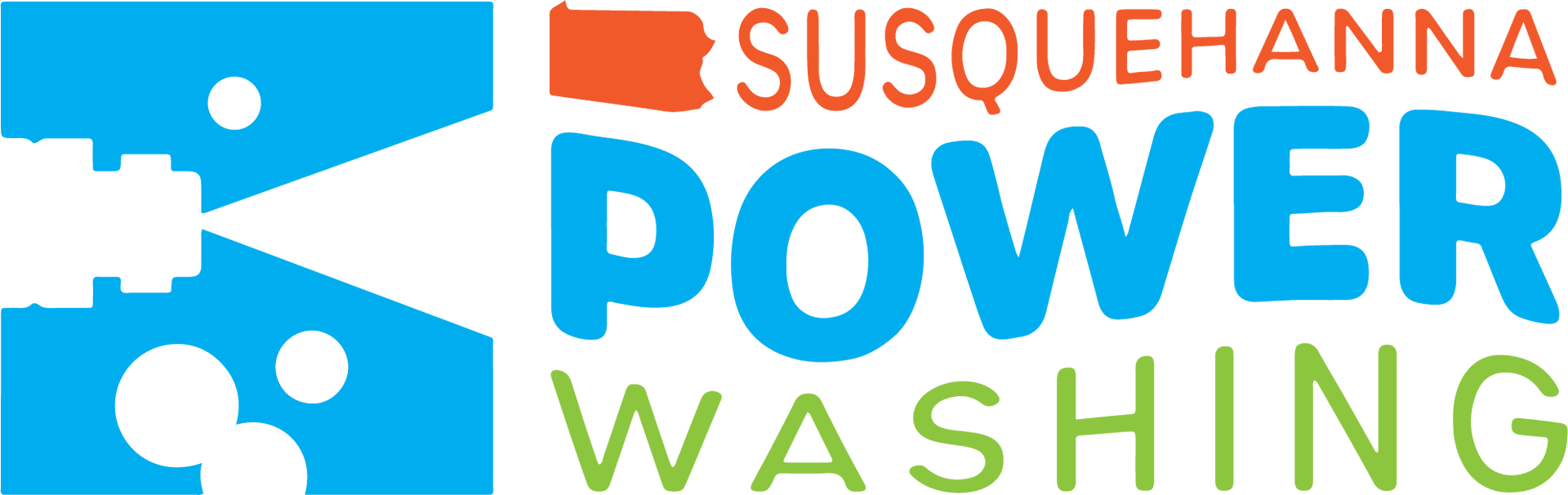 Logo for Susquehanna Power Washing: blue power washer spraying water with white bubbles and green text.