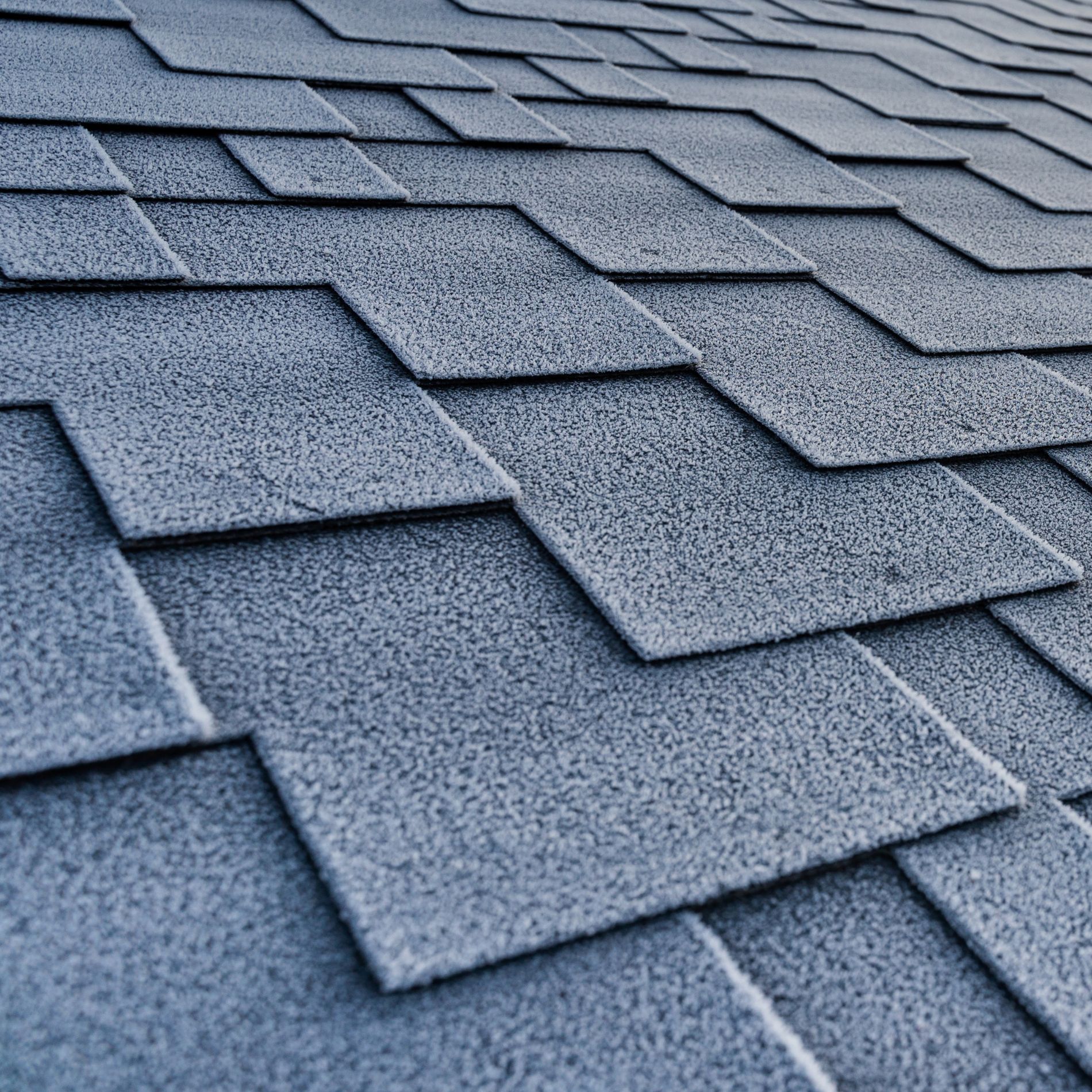 Gray asphalt roof shingles, textured and slightly frosted, angled perspective.