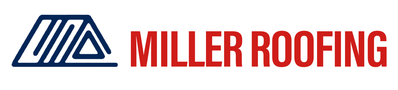 Logo for Miller Roofing, featuring a roof icon in blue and the text 