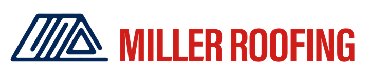 Logo for Miller Roofing, featuring a roof icon in blue and the text 