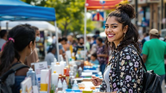 Woman smiles at a street market, looking at the camera. Vendors and shoppers are in the background.