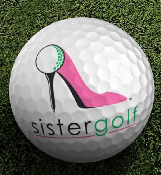 a white golf ball that says sistergolf on it