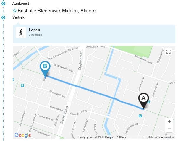 Een kaart met een wandelroute tussen punt A en B, inclusief de bestemming Bushalte Sledenwijk Midden in Almere.