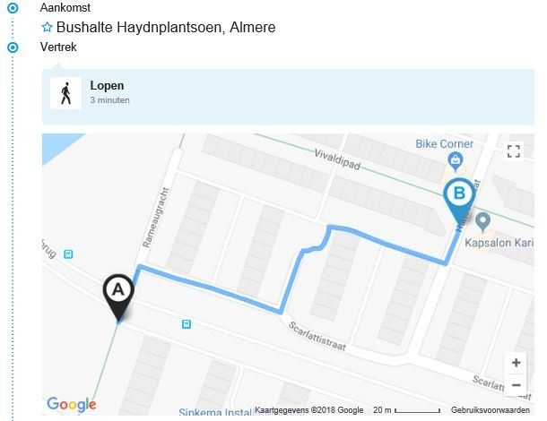 Een kaart met een wandelroute van drie minuten van punt A naar punt B in de buurt van de bushalte Haydnplantsoen in Almere.