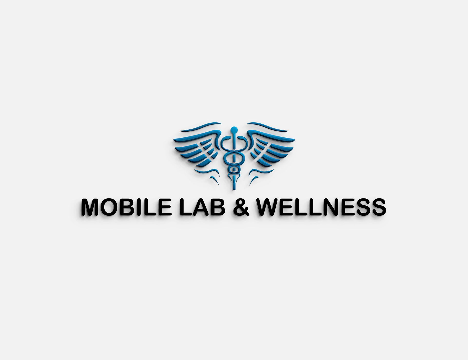 Logo for Mobile Lab & Wellness. Caduceus symbol in blue above black text.
