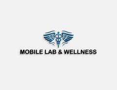 Logo for Mobile Lab & Wellness. Caduceus symbol in blue above black text.