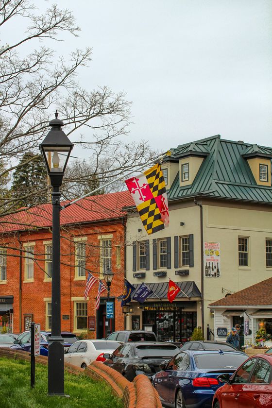Street scene in Maryland, with buildings, Maryland state flag, lamp post, and parked cars.