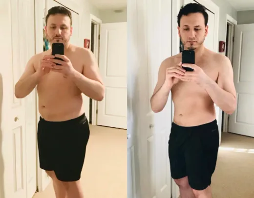 Man in black shorts before and after weight loss, posing shirtless in front of a mirror in a home.