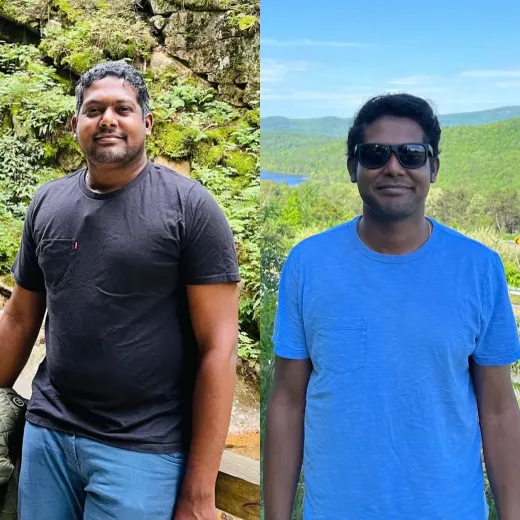 Side-by-side photos of a man; left: wearing black, smiling in a forest; right: wearing blue, with sunglasses, smiling outdoors.