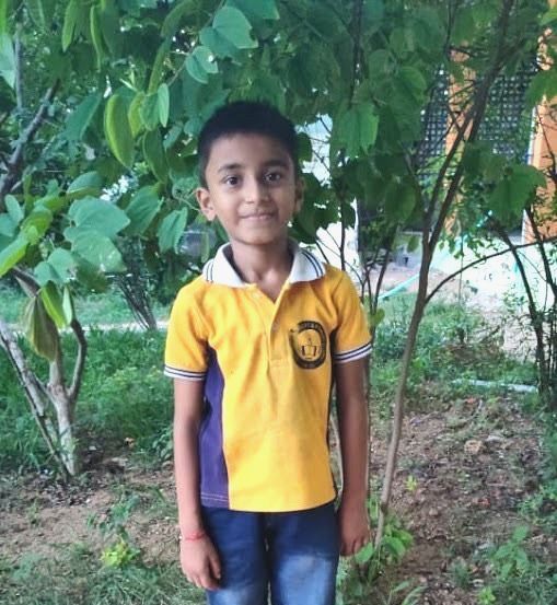 A young boy in a yellow shirt and blue jeans is standing in front of trees.