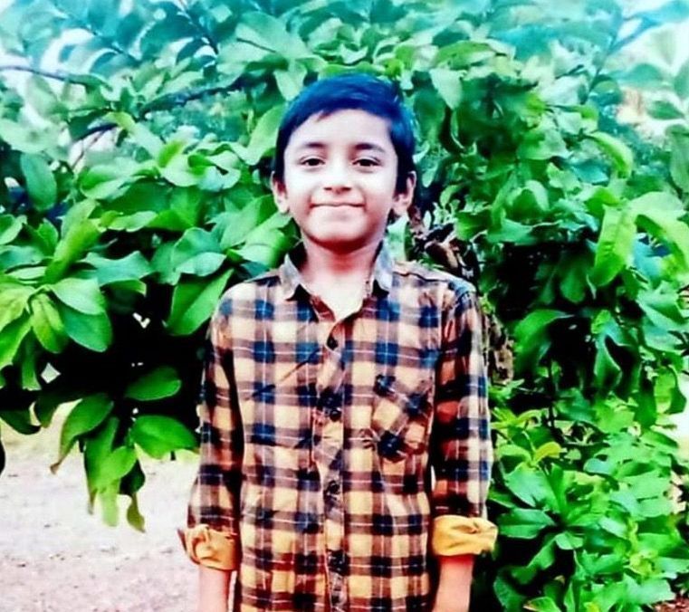 A young boy in a plaid shirt stands in front of a bush