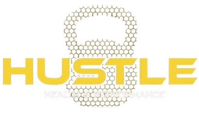 Yellow “HUSTLE” logo with a honeycomb-style kettlebell and faint “HEALTH PERFORMANCE” text