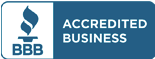 A blue sign that says `` accredited business '' with a flame on it.