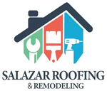 Logo for Salazar Roofing & Remodeling, featuring a house outline with tools in its center: wrench, brush, and drill.
