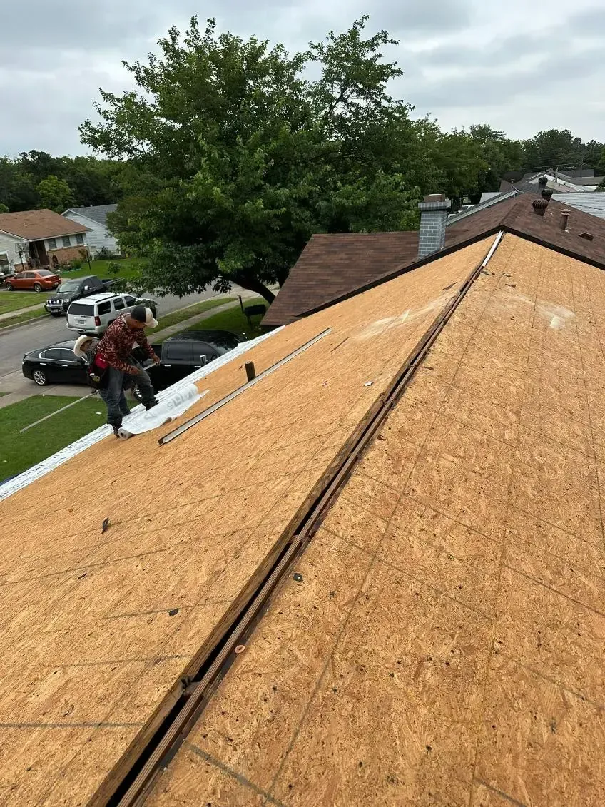 Roofer walking on a newly sheathed roof, preparing for shingles. Overcast day.