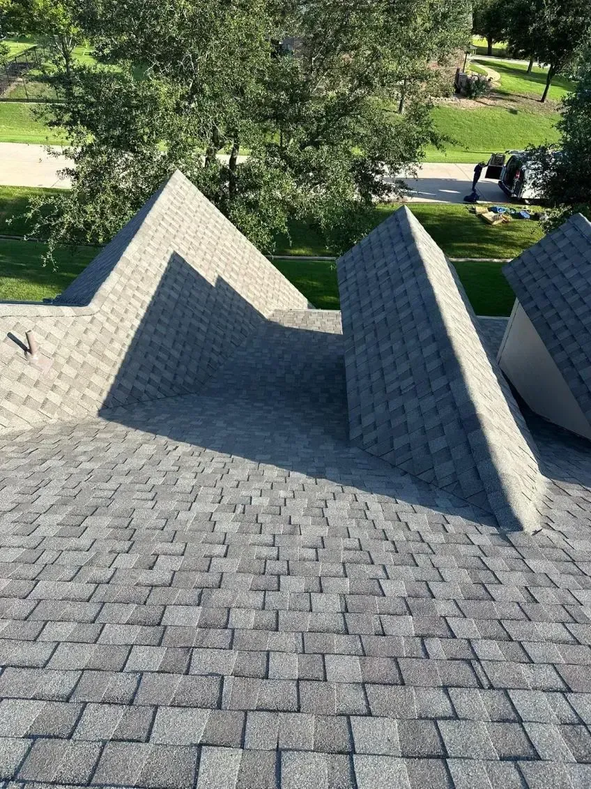 Gray shingle roof with angled sections, creating a textured surface. Outdoors, sunny setting.