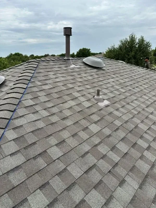 Gray shingle roof with vents and a chimney against a cloudy sky.
