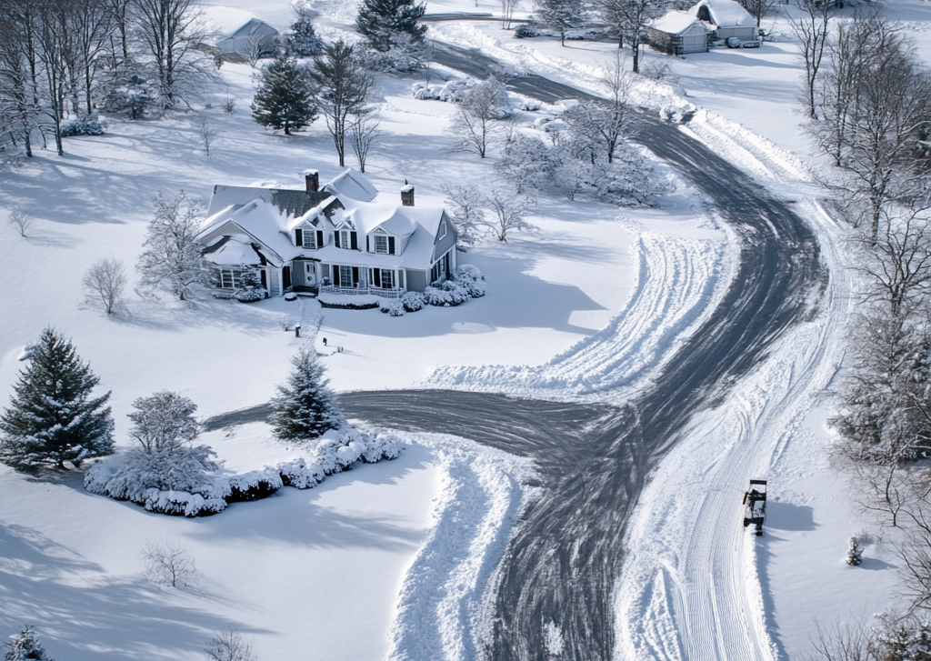 An aerial view of a snow covered road with a house in the background.