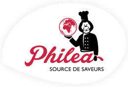 Le logo de Philea food représentant une mascotte tenant un globe dans sa main avec la baseline Source de saveur.