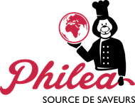 Le logo de Philea food représentant une mascotte tenant un globe dans sa main avec la baseline Source de saveur.