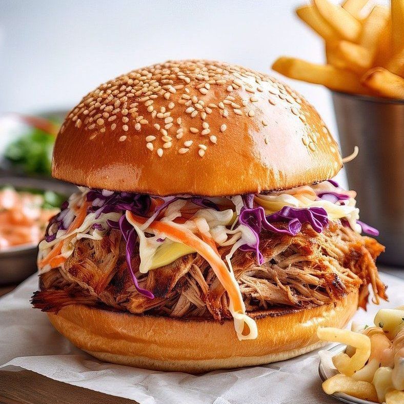 Un sandwich au porc effiloché avec de la salade de chou et des frites en arrière-plan