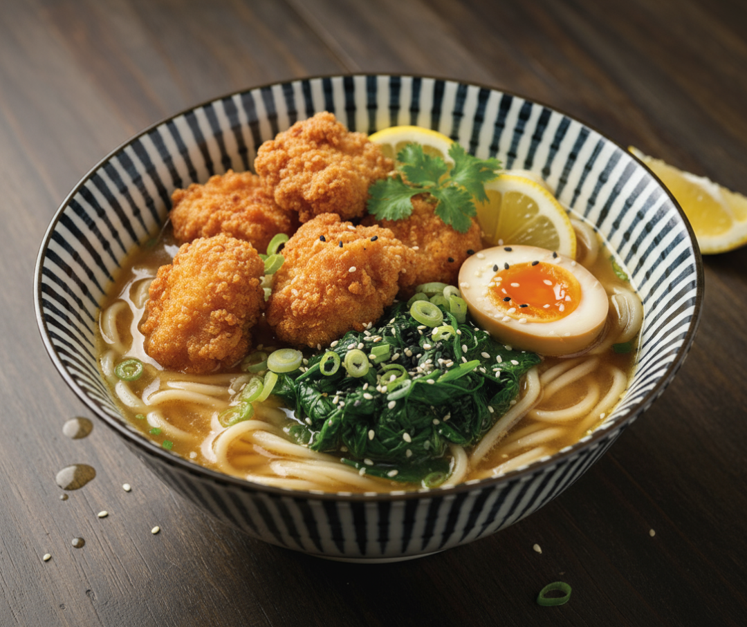 ramen karaage gigembre soja épinard nouilles fraîches bouillon