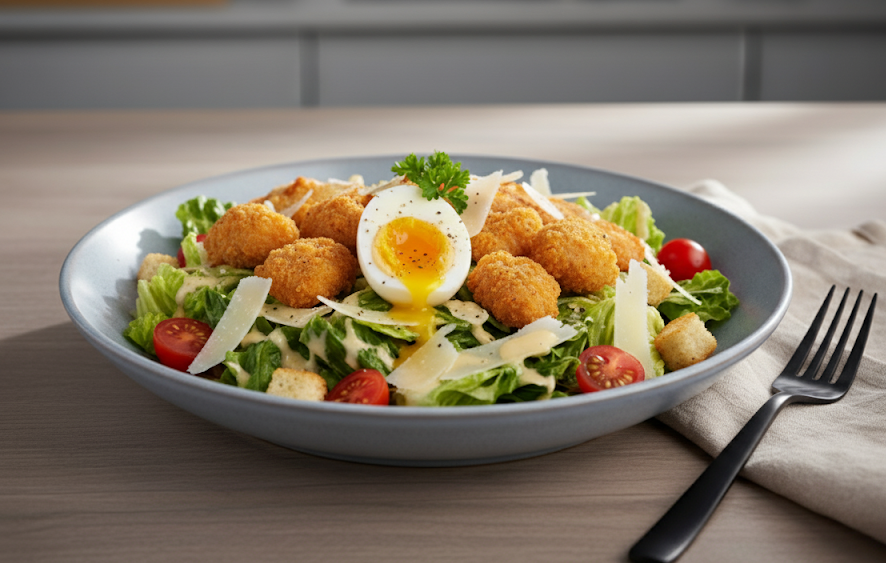 salade césar pop de poulet crunchy pané parmesan tomates marinées oeuf mollet