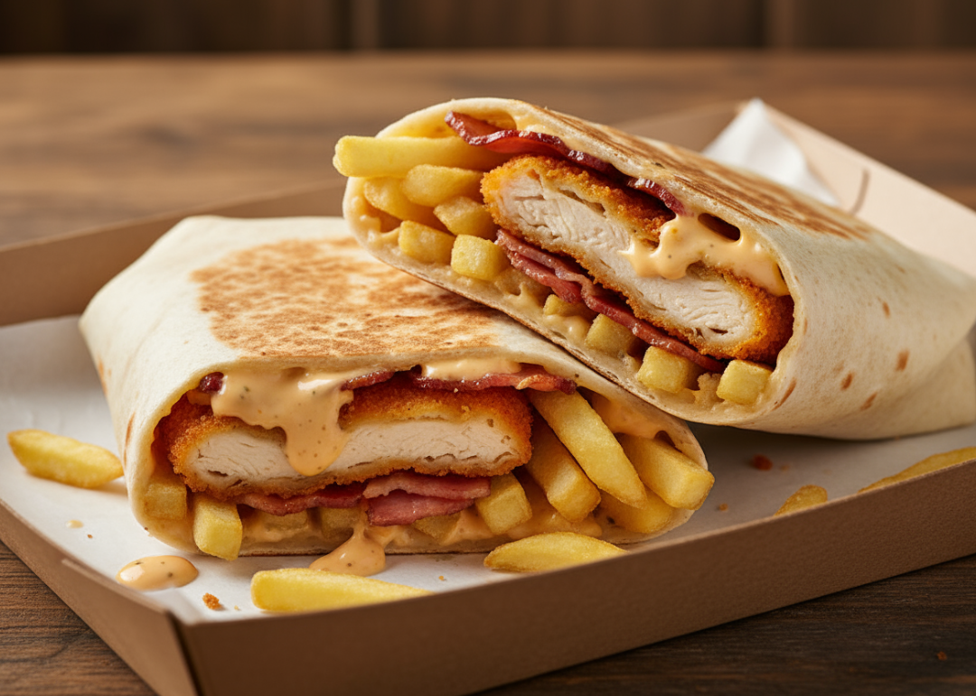 French tacos frites sauce fromagère o tacos crispy bacon filet de poulet crunchy country style