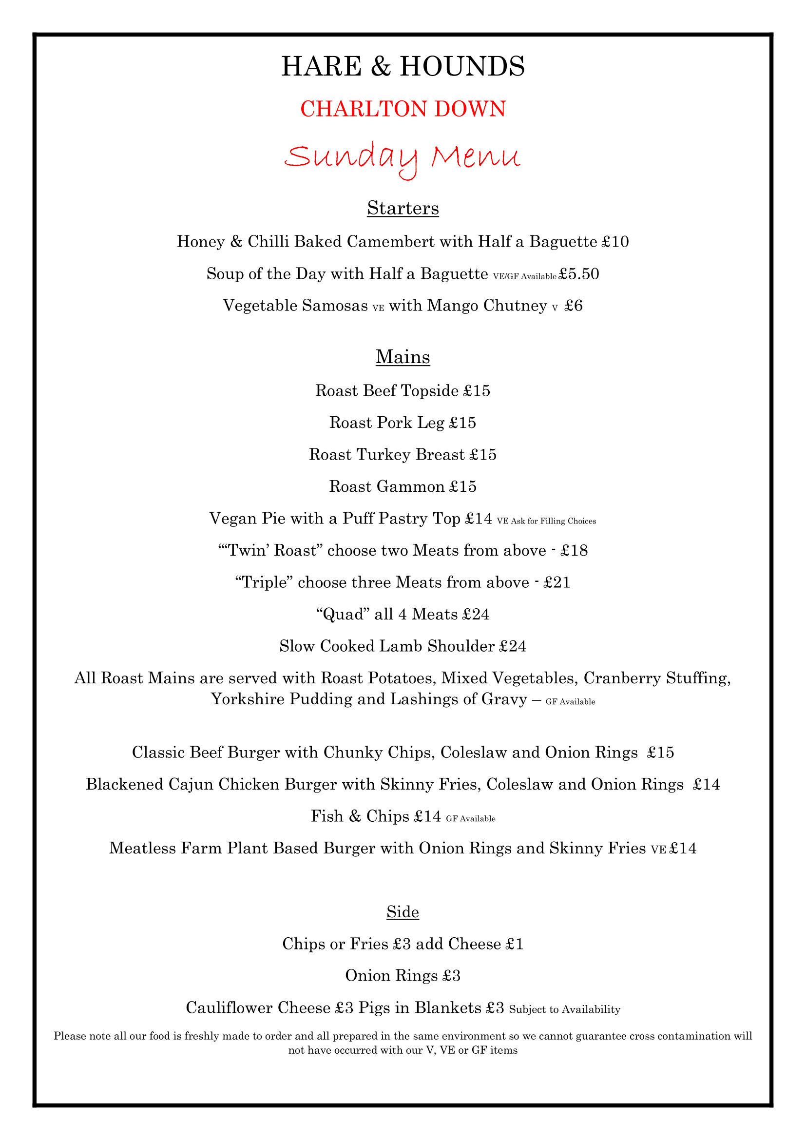 Hare and Hounds Charlton Down Sunday Roast Menu 2024