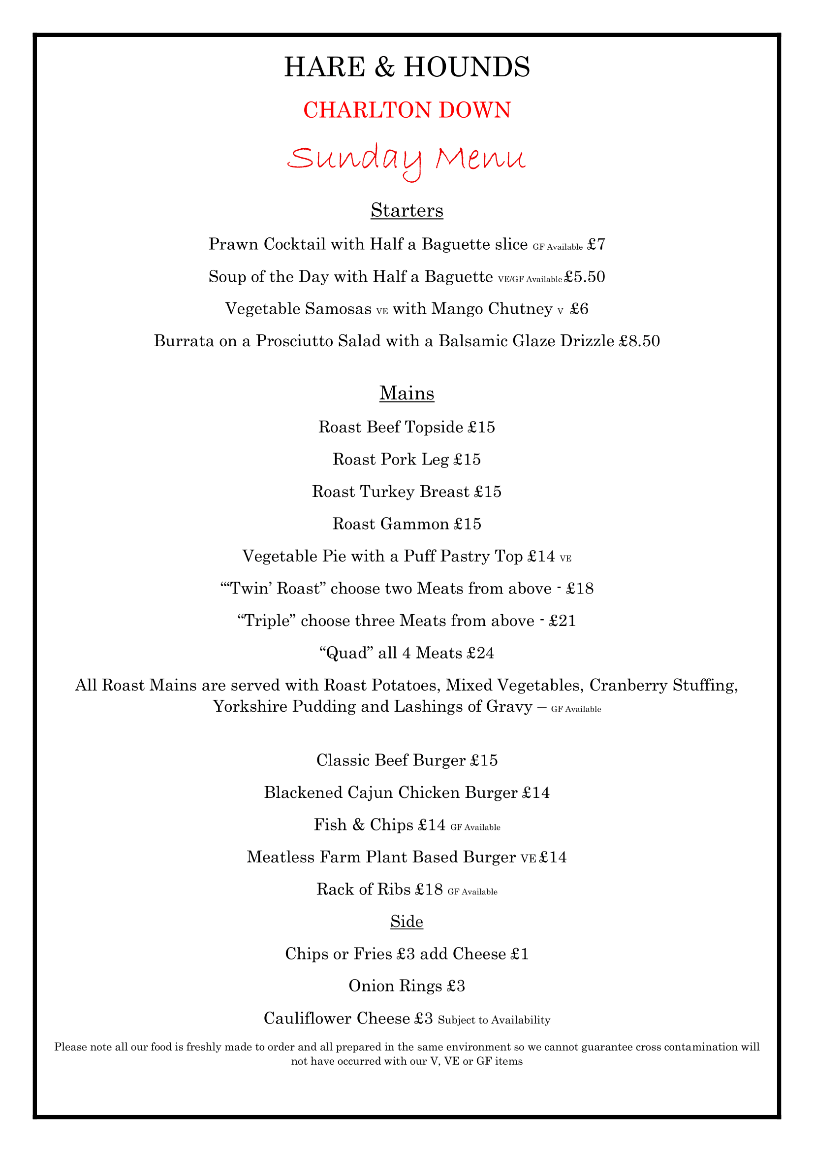 Hare and Hounds Charlton Down Sunday Roast Menu 2024