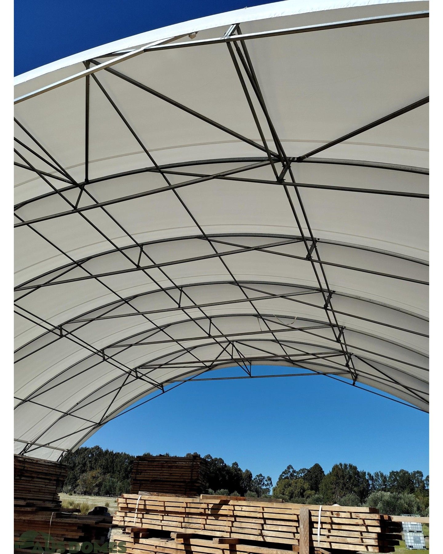 Side view of a geodesic dome structure with triangular panels against a bright blue sky. Vegetation surrounds.