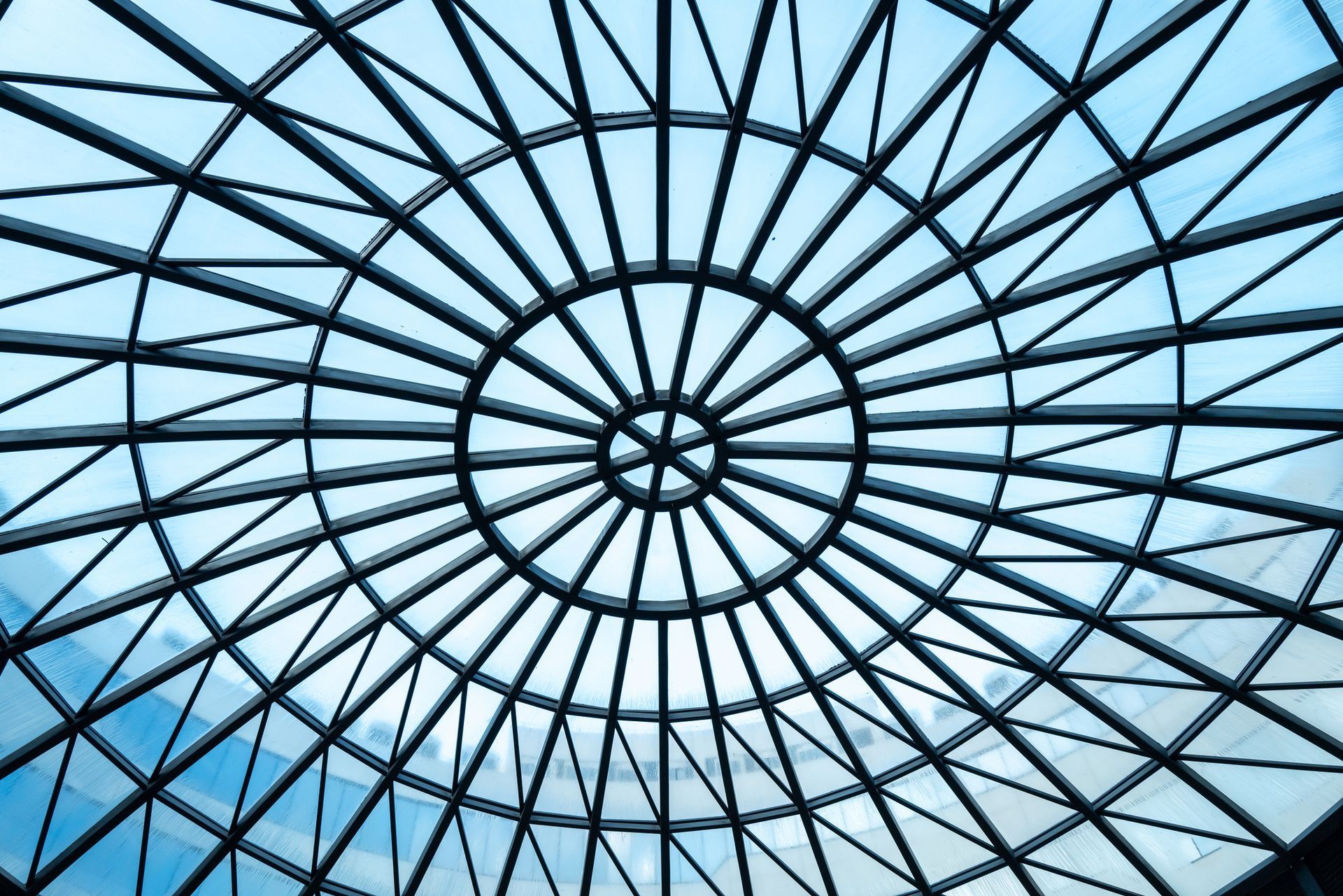 Glass dome ceiling with geometric steel support structure against a light blue sky.